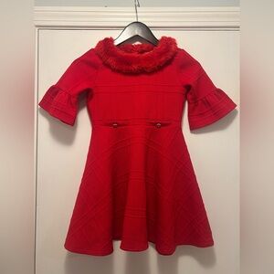Janie and Jack Red Textured Dress with Faux Fur Collar